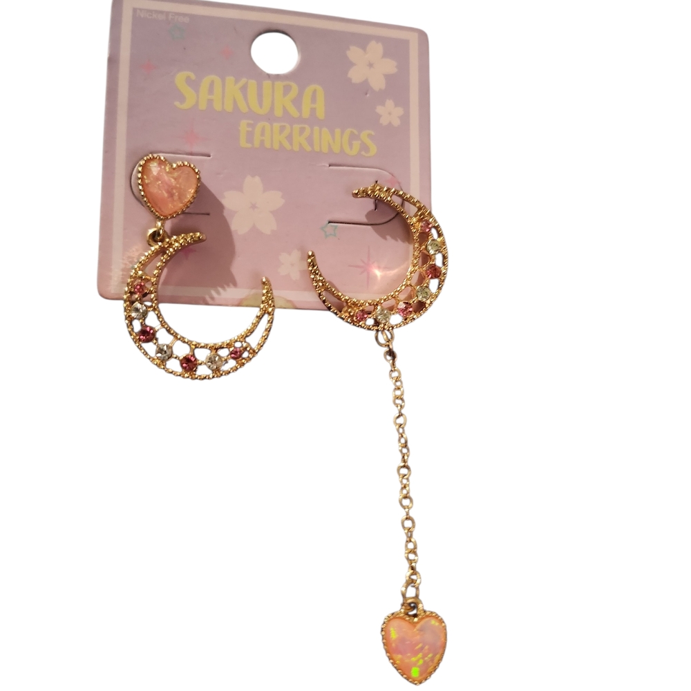 Sakura Gold Crescent & Pink Heart Asymmetric Drop Earrings